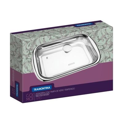 Assadeira Tramontina Cosmos Retangular em Aço Inox com Tampa de Vidro 34 cm 2,2 L