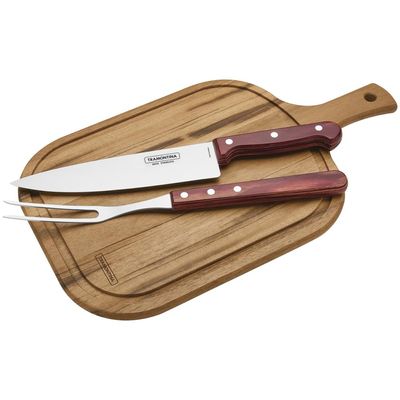 Kit para Churrasco Tramontina em Aço Inox e Cabo Vermelho Polywood com Tabua de Madeira 3 Peças