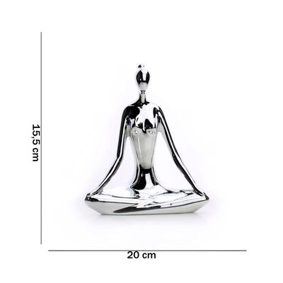 Escultura Yoga Prata Em Porcelana Pose Meditação 15,5x20cm
