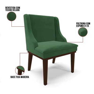 Cadeira Liz Veludo Verde Base Fixa Madeira Tabaco - D'Ross