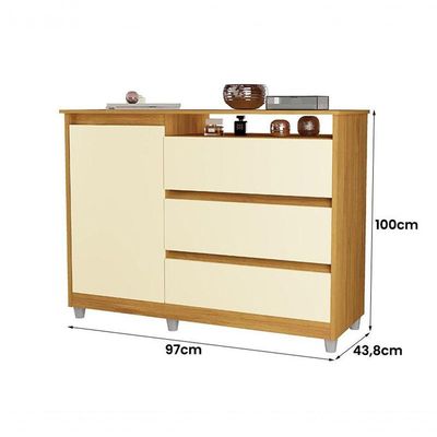 Cômoda Quarto Sky Com 3 Gavetas 1 Porta Mel/Perola