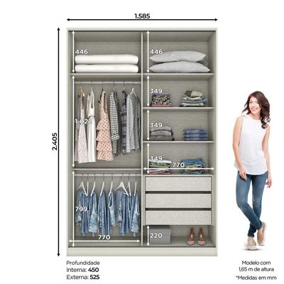 Guarda Roupa Modulado 03 Gavetas 02 Portas Deslizantes Henn