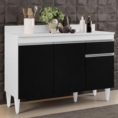 Balcão Gabinete 120cm 3 Portas 1 Gaveta Branco/Preto