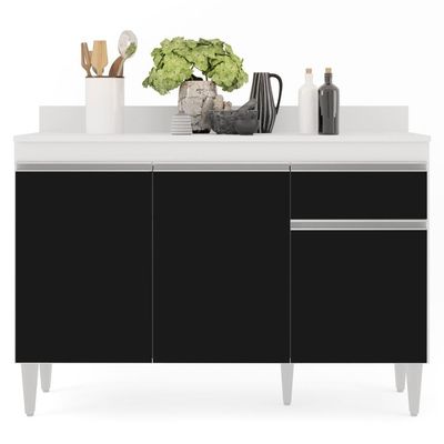 Balcão Gabinete 120cm 3 Portas 1 Gaveta Branco/Preto