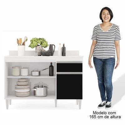 Balcão Gabinete 120cm 3 Portas 1 Gaveta Branco/Preto