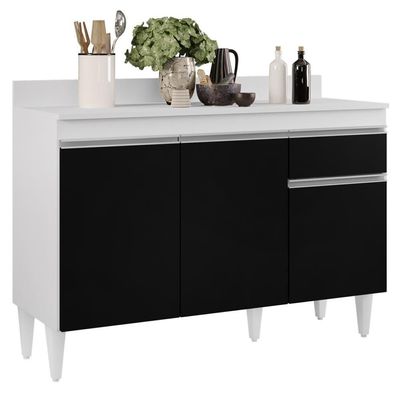 Balcão Gabinete 120cm 3 Portas 1 Gaveta Branco/Preto