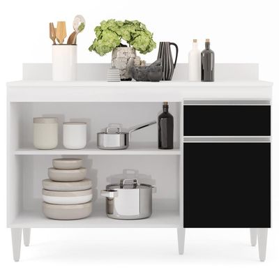 Balcão Gabinete 120cm 3 Portas 1 Gaveta Branco/Preto