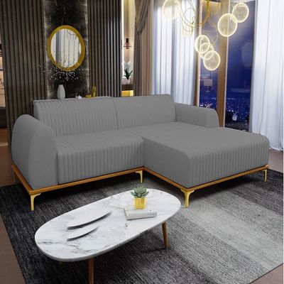 Sofá 265cm 4 Lugares Chaise Direito Pés Gold Cinza Escuro