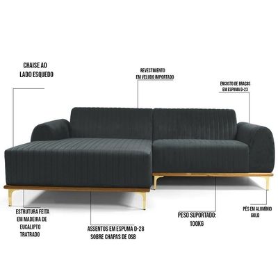 Sofá 245cm 4 Lugares Chaise Esquerdo Pés Gold B-317 Cinza