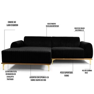 Sofá 320cm 5 Lugares Chaise Esquerdo Pés Gold B-300 Preto