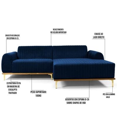 Sofá 320cm 5 Lugares Chaise Direito Pés Gold Azul Marinho