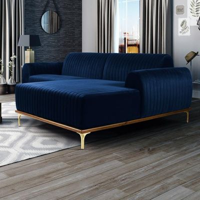 Sofá 320cm 5 Lugares Chaise Direito Pés Gold Azul Marinho