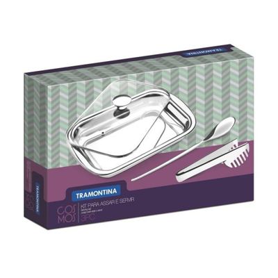 Kit para Assar e Servir Tramontina Cosmos em Aço Inox com Tampa de Vidro 3 Peças