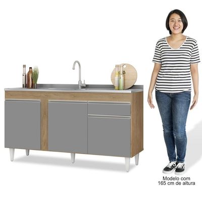 Balcão Para Pia 150cm 3 Portas 1 Gaveta Castanho/Cinza