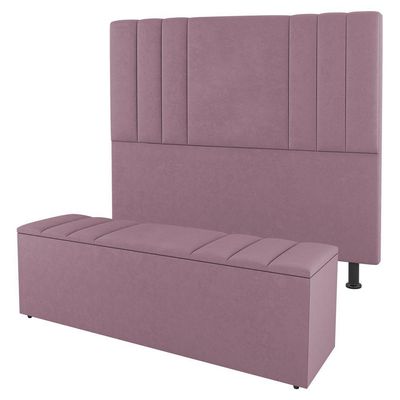 Kit Cabeceira E Baú Cama Box Solteiro Grace 90Cm Suede Rosé
