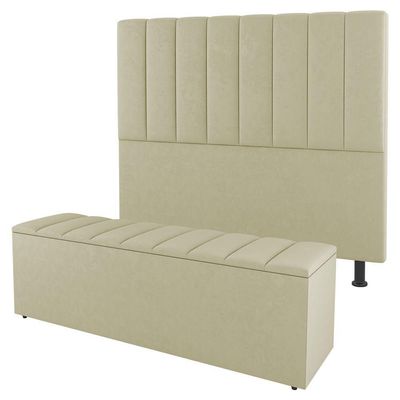 Kit Cabeceira E Baú Cama Box Queen 160Cm Sintético Bege