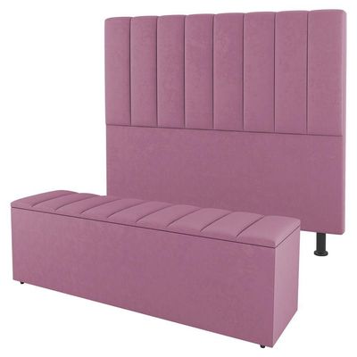 Kit Cabeceira E Baú Cama Box Casal Cora 140Cm Suede Rosa