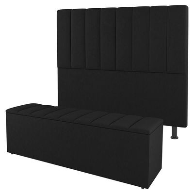 Kit Cabeceira E Baú Cama Box Casal Cora 140Cm Suede Preto