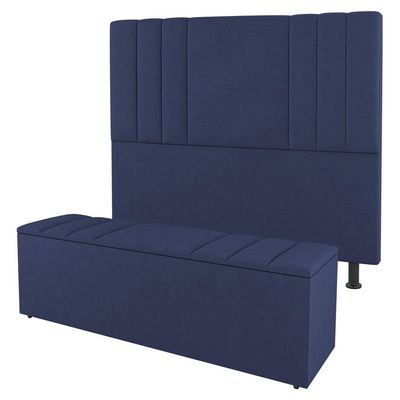 Kit Cabeceira E Baú Cama Box Queen 160Cm Suede Azul