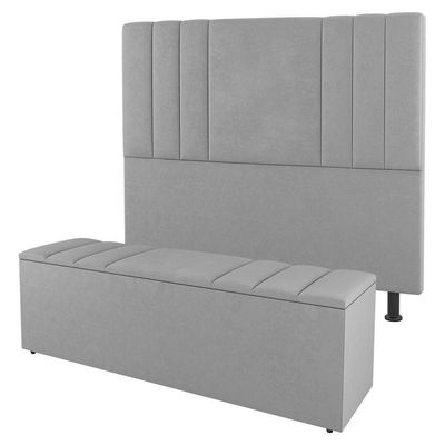 Kit Cabeceira E Baú Cama Box King 195Cm Suede Cinza Claro