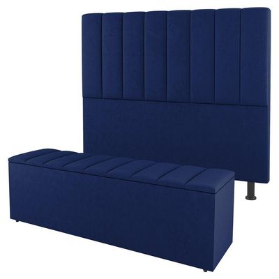 Kit Cabeceira E Baú Cama Box Solteiro Cora 90Cm Suede Azul