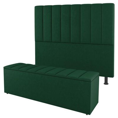 Kit Cabeceira E Baú Cama Box Solteiro Cora 90Cm Suede Verde