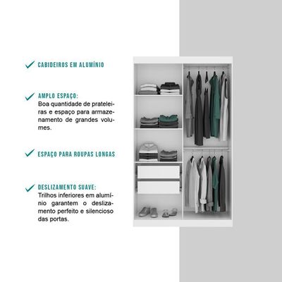 Guarda Roupa Casal 2 Portas 2 Gav Espelho Branco