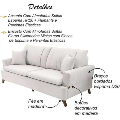 Sofa 3 Lugares 180 Cm Eron Linho Bege Vazzano Bege