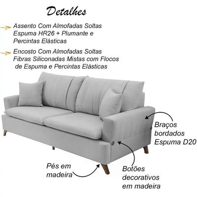 Sofa 3 Lugares 180 Cm Eron Linho Cinza Vazzano Cinza