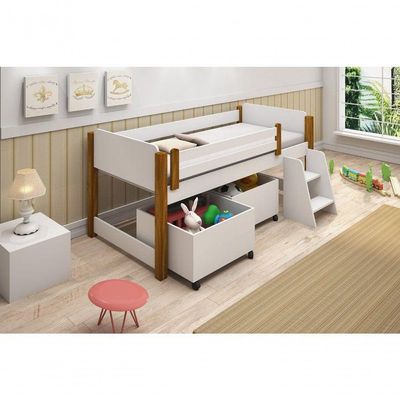 Cama Naty Branco Mel Com 2 Nichos E Escadinha