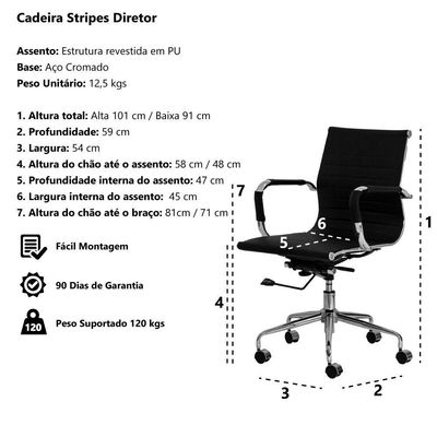 Cadeira Escritório Diretor Pu Cinza Giratória Ajustável