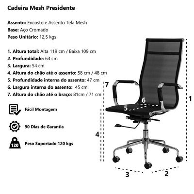 Cadeira Escritório Presidente Preta Base Giratória Cromada