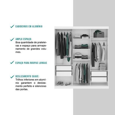 Guarda Roupa Infantil 3 Portas 4 Gav 3 Espelhos Branco Mega