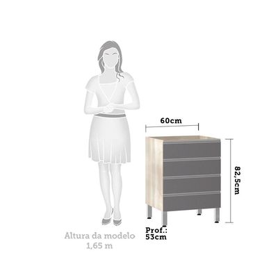 Balcão Sem Tampo Gaveteiro 60cm Lis Legno Crem e Cinza Puro