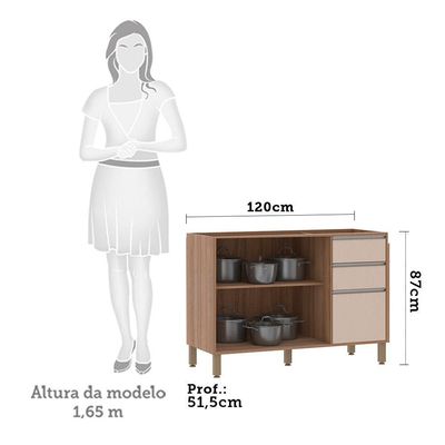 Balcão Para Pia Sem Tampo 120 Cm De Abrir 3 Gavetas Lari Vanill e Connect