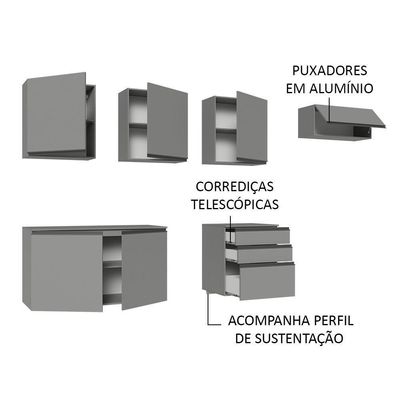Armário De Cozinha Completa Suspenso 260Cm Cinza