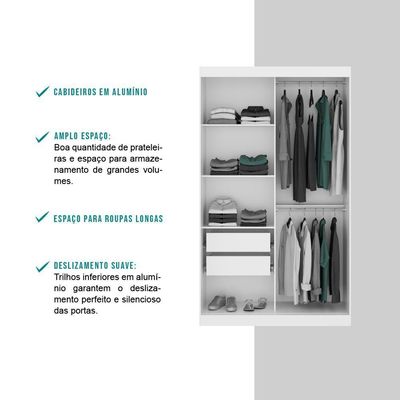 Guarda Roupa 2 Portas 2 Gav Espelho Branco Carraro Nero