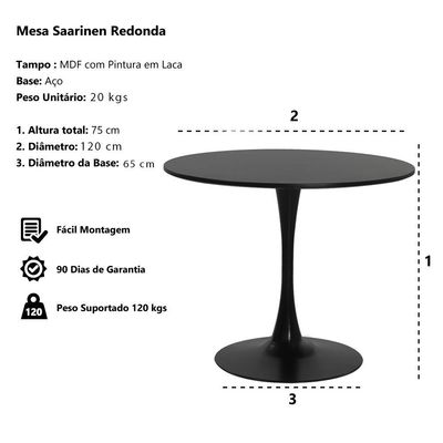 Mesa Saarinen Tulipa Redonda 120cm Tampo Madeira Preto