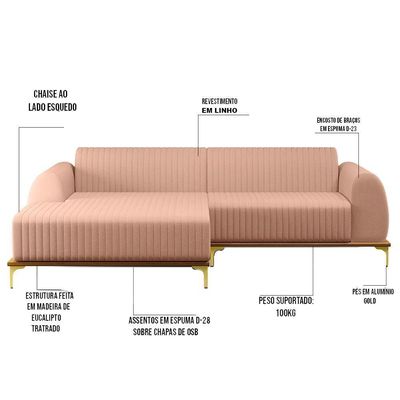 Sofá 255cm 4 Lugares Chaise Esquerdo Pés Gold C-105 Rosê