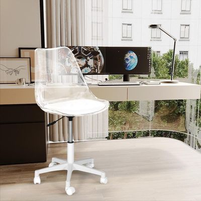 Cadeira Office Acrílico Transparente Base Giratória Branco