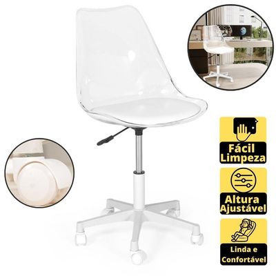 Cadeira Office Acrílico Transparente Base Giratória Branco