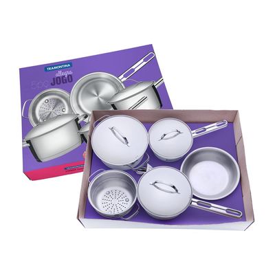 Jogo de Panelas Tramontina Allegra em Aço Inox com Fundo Triplo e Tampas de Inox 5 Peças