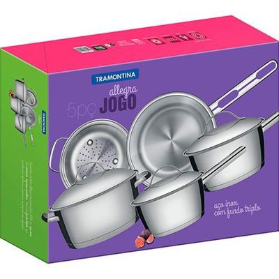 Jogo de Panelas Tramontina Allegra em Aço Inox com Fundo Triplo e Tampas de Inox 5 Peças