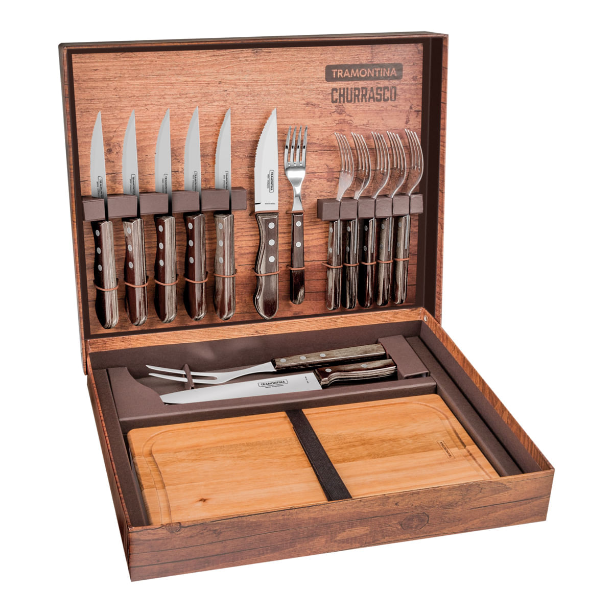 Kit para Churrasco Tramontina Aço Inox e Cabos em Madeira Polywood Castanho com Caixa de Papelão 15 Peças