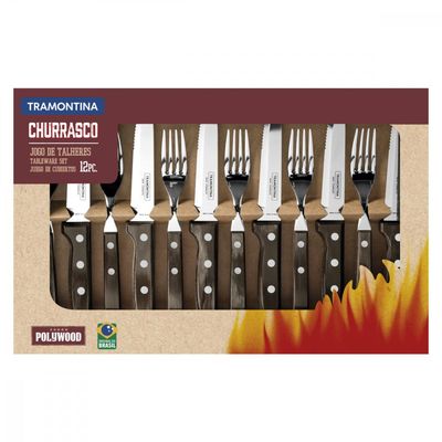Jogo Talheres Jumbo Tramontina Churrasco Inox Polywood 12 Pç