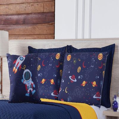 Cobre Leito Queen Astronauta Marinho E Amarelo 7pçs