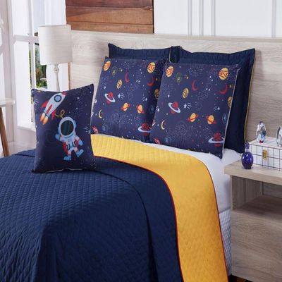 Cobre Leito Queen Astronauta Marinho E Amarelo 7pçs