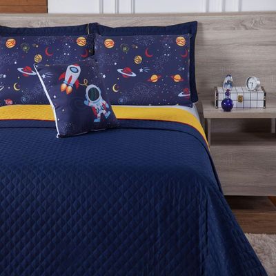 Cobre Leito Queen Astronauta Marinho E Amarelo 7pçs