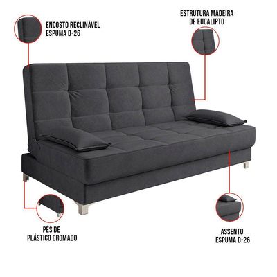 Sofá Cama 193 Cm Veludo Pés Plástico Cromado Grafite