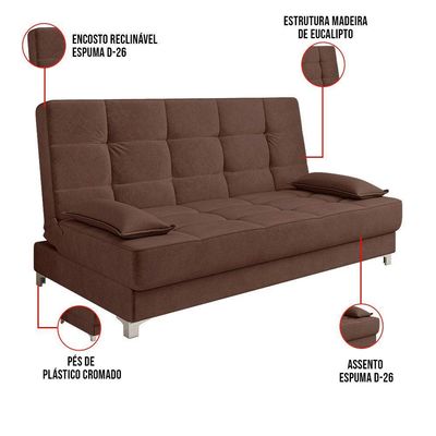 Sofá Cama Equador 193 Cm Veludo Marrom Pés Plástico Cromado